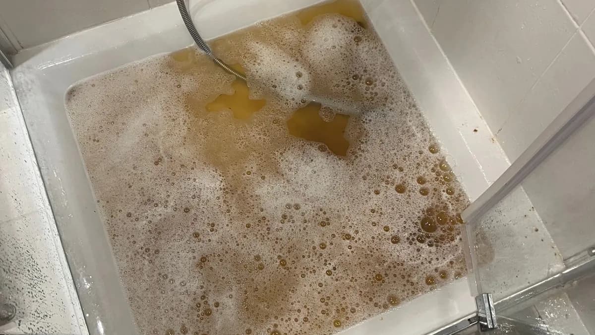 Bac de douche rempli d'eau stagnante et de mousse à cause d'une canalisation bouchée à Nice